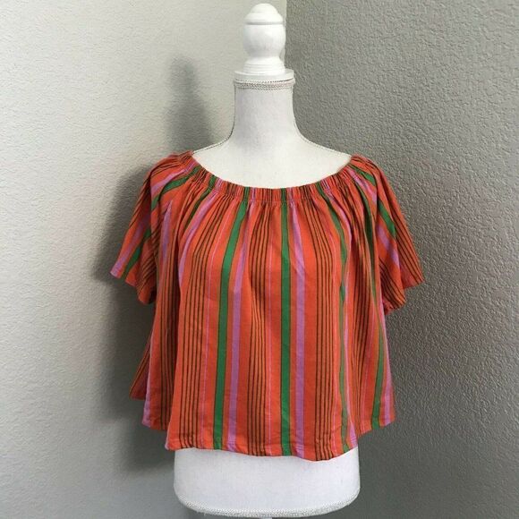 Asos Womens Multicolor Short Sleeve Striped Off Shoulder Blouse Top Size 12 - Picture 1 of 7